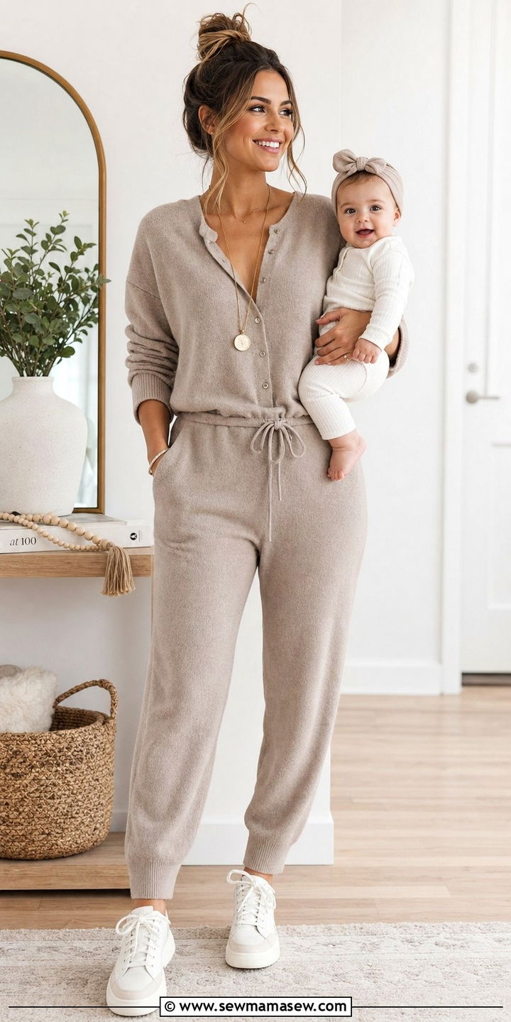 Cashmere Jumpsuit with Sneakers - 25 classy outfits for new moms