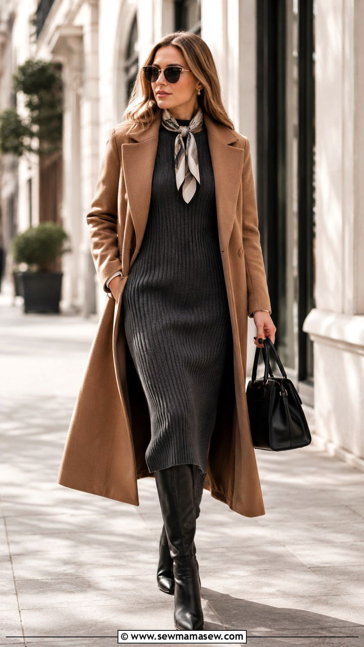 Cashmere Knit Dress With Long Coat And Boots - 20 Quiet luxury outfit ideas Max Mara style