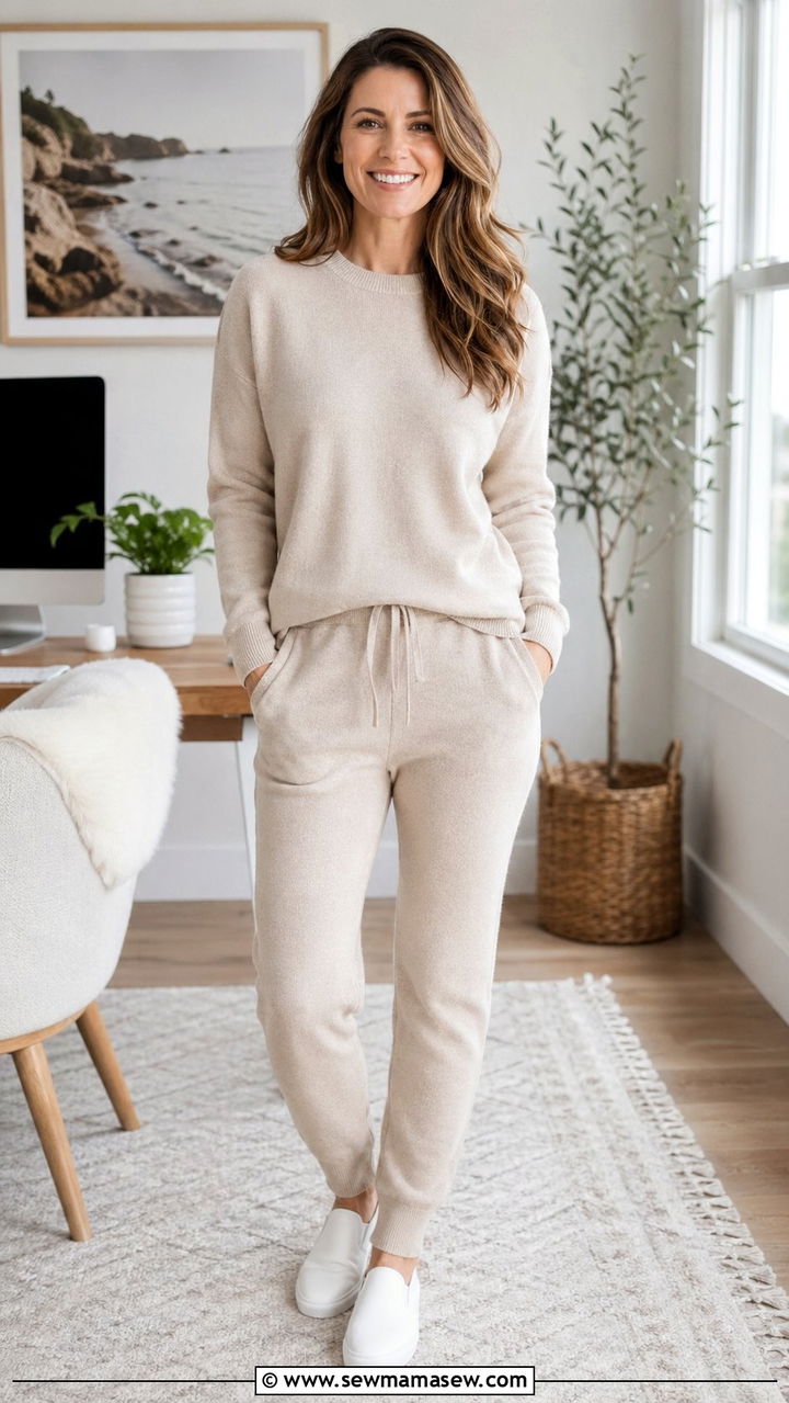 Cashmere Knit With Matching Joggers And Slip On Sneakers - 30 Zoom meeting outfit ideas