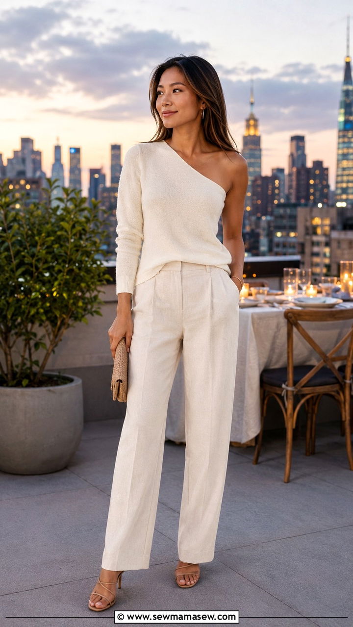 Cashmere Linen One Shoulder Sweater Top With Linen Blend Trousers And Heeled Sandals - 25 Petite outfit ideas from Banana Republic
