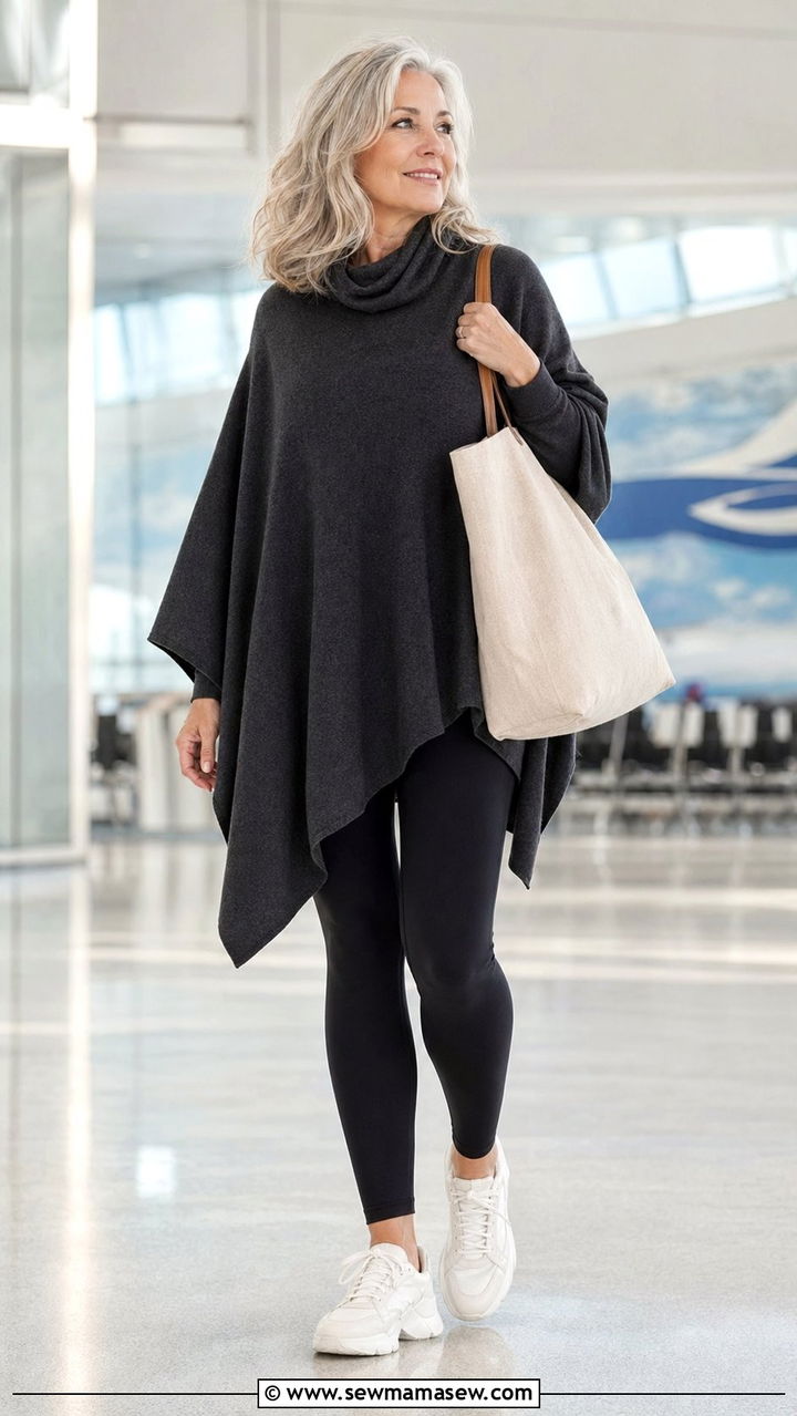 Cashmere Poncho With Compression Leggings - 35 Airport outfit ideas for women over 50
