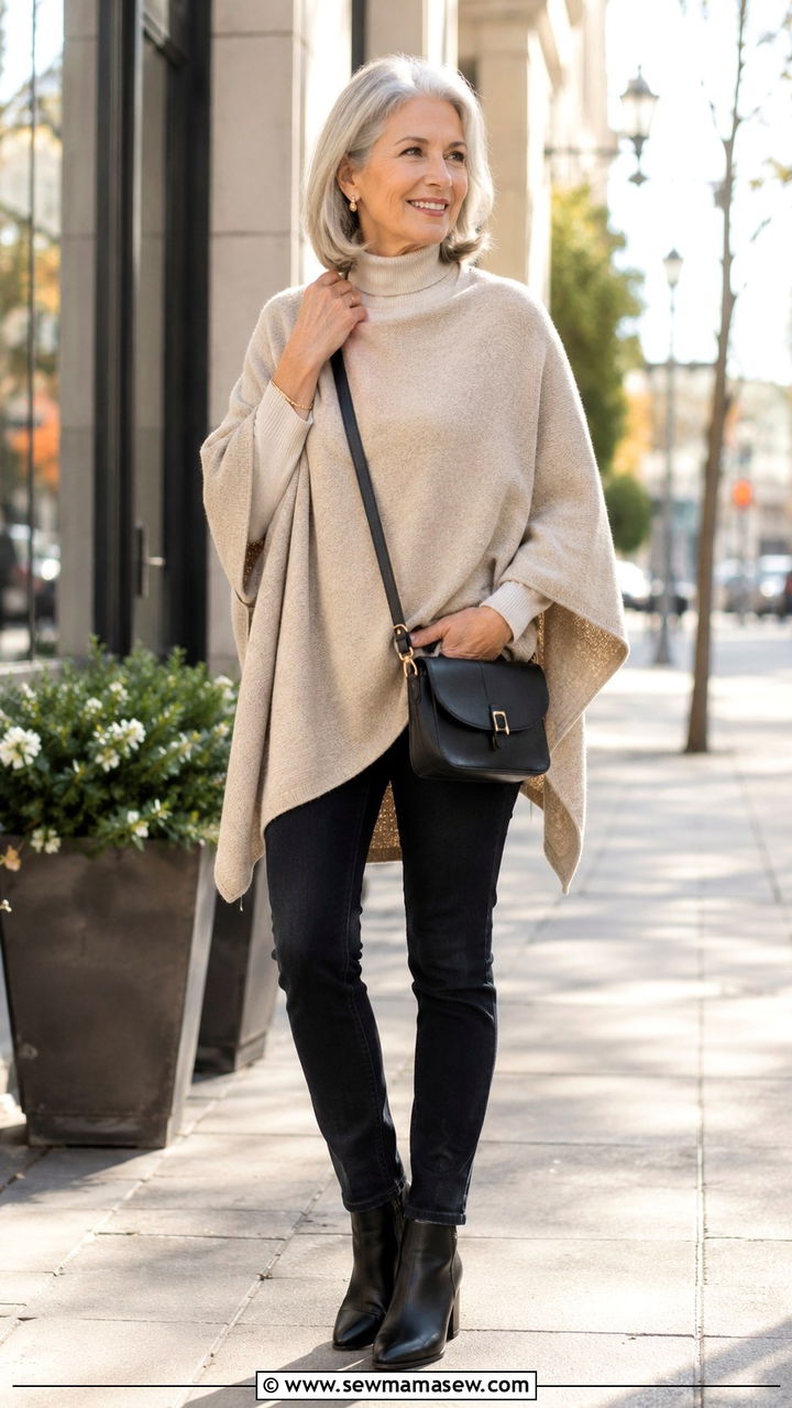 Cashmere Poncho with Dark Jeans - 20 Quiet luxury outfit ideas for women over 60