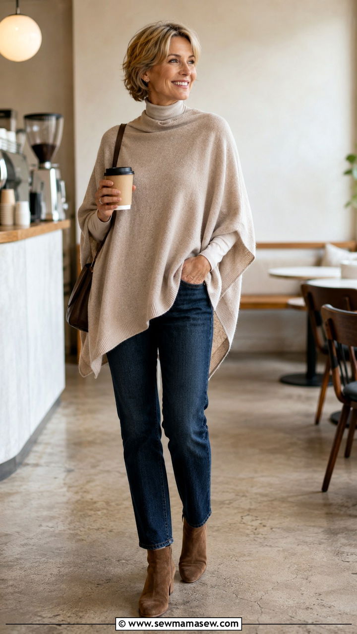 Cashmere Poncho with Dark Wash Jeans and Ankle Boots - 20 Quiet luxury outfit ideas for women over 50