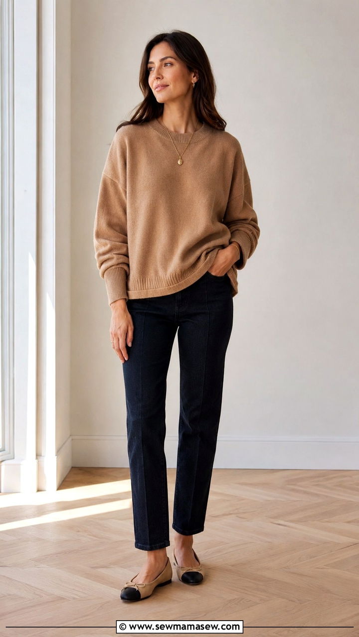 Cashmere Relaxed Sweater with Tailored Jeans and Ballet Flats - 30 Oversized sweater with jeans outfit ideas