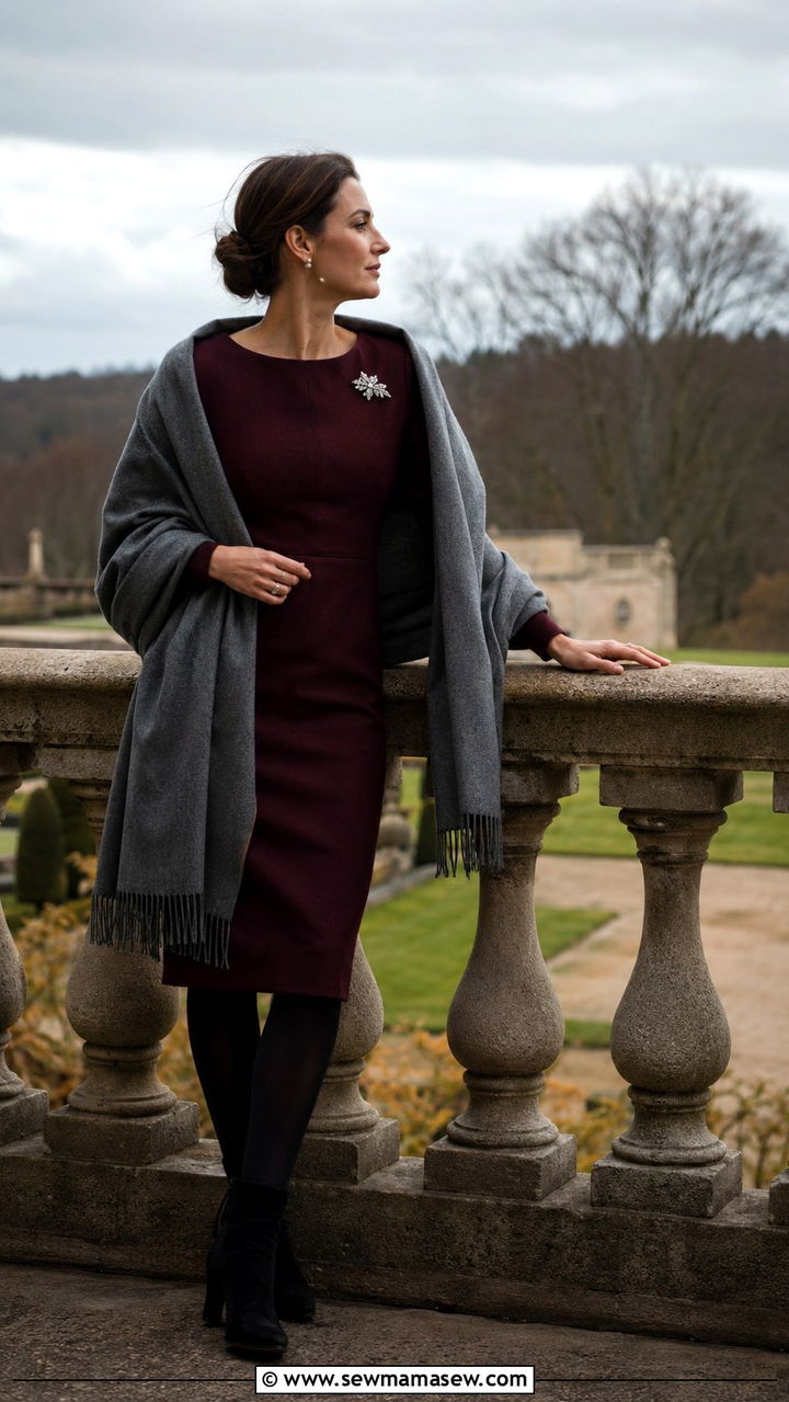 Cashmere Shawl and Tailored Dress - 25 Old money outfit ideas with cashmere