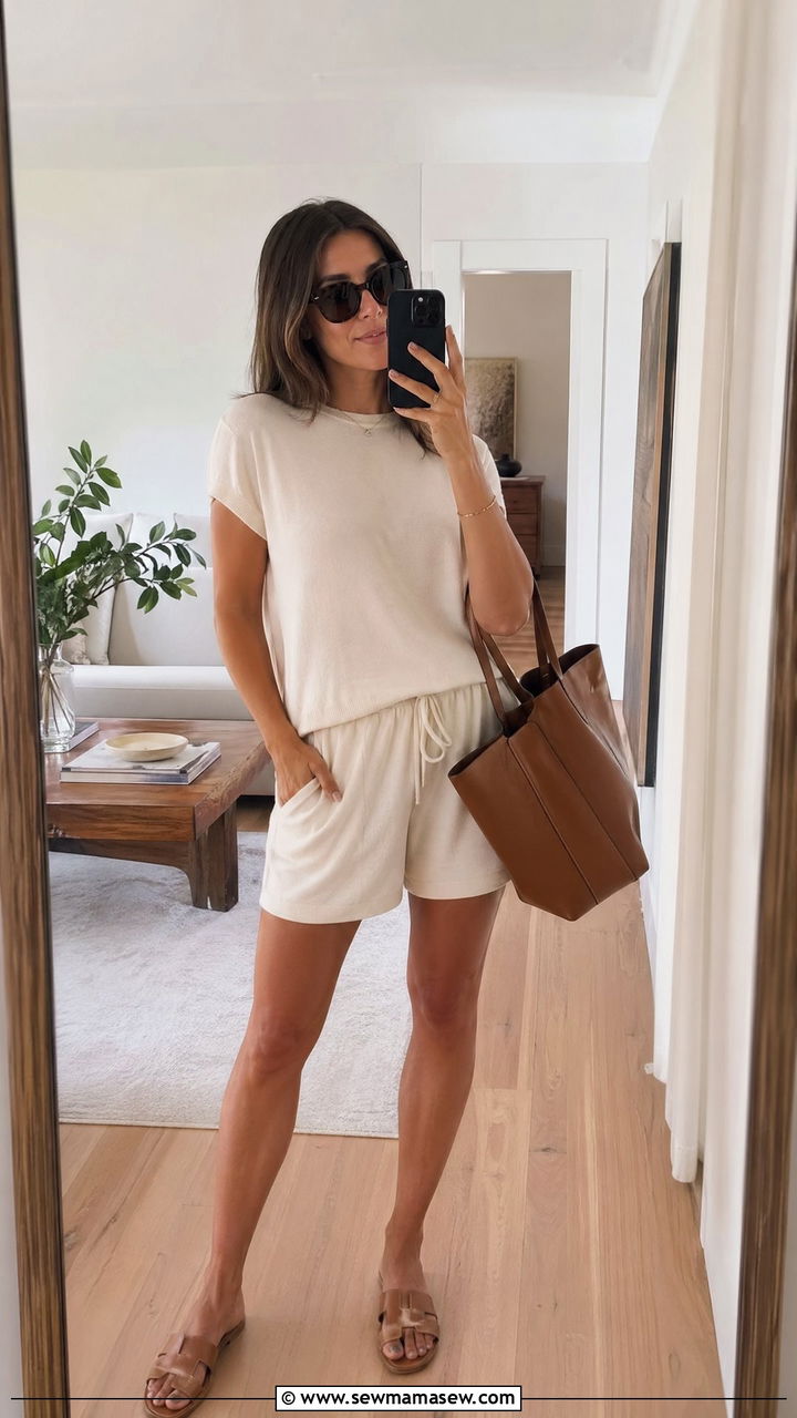 Cashmere Short Sleeve Tee and Soft Lounge Shorts - 35 errand outfit ideas for women