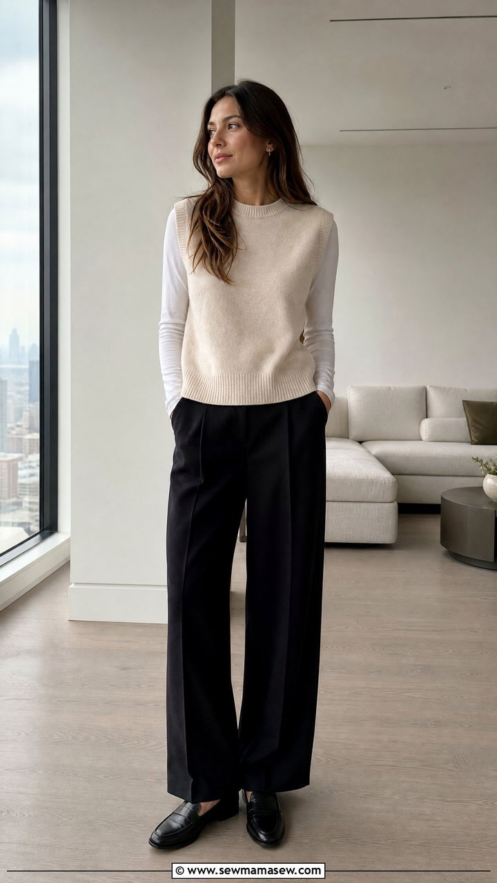 Cashmere Sleeveless Vest Over Wide Leg Black Trousers - 30 French girl loungewear outfit ideas