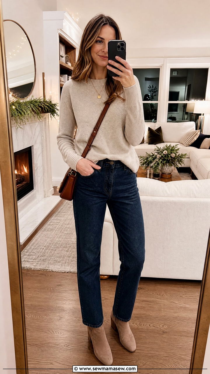 Cashmere Sweater And Dark Jeans Outfit For Housewarming Party - 35 Housewarming party outfit ideas
