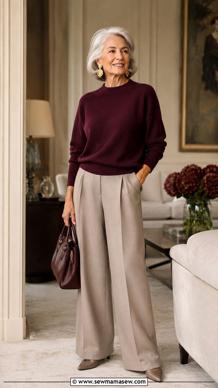 Cashmere Sweater And Wide Leg Trousers For Women Over 70 - 30 Outfit ideas for women over 70