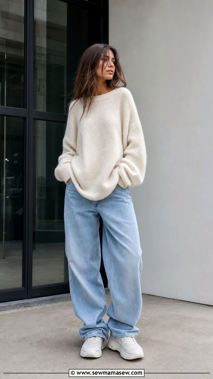 Cashmere Sweater Baggy Jeans and Chunky Sneakers - 25 classy model off duty outfit ideas