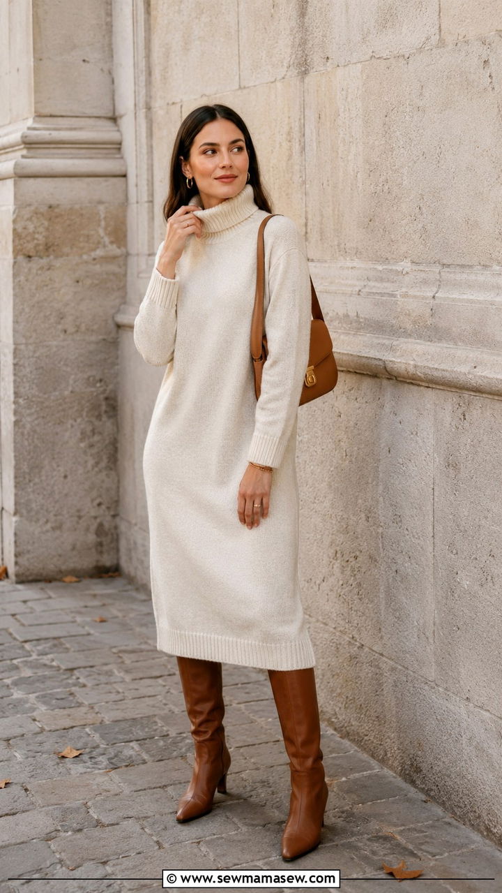 Cashmere Sweater Dress and Riding Boots - 25 Old money outfit ideas with cashmere