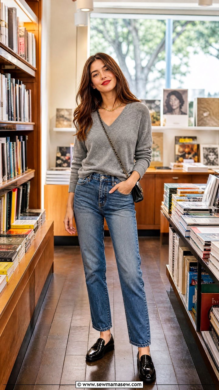 Cashmere Sweater Straight Jeans Loafers Red Lip - 25 French girl outfit ideas with red lipstick