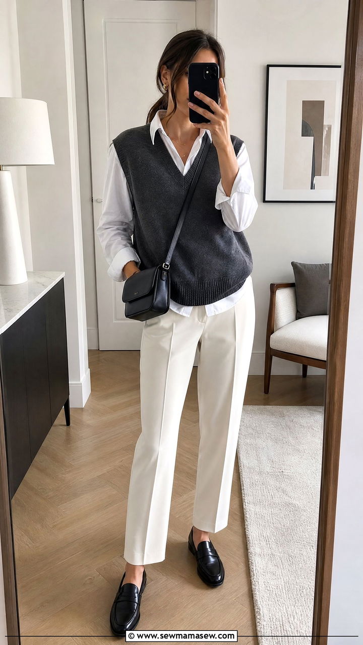 Cashmere Sweater Vest Over White Shirt And Tailored Trousers - 25 Quiet luxury outfit ideas The Row style