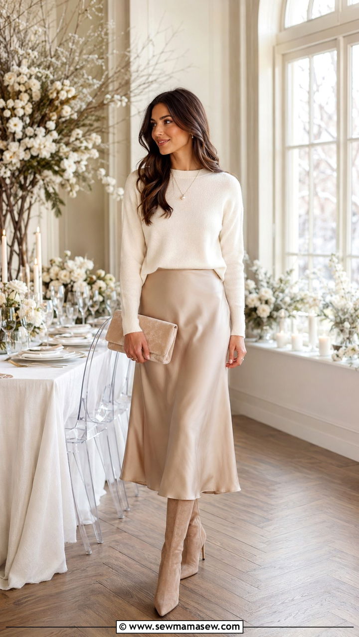 Cashmere Sweater With A Satin Midi Skirt - 25 seasonal bridal shower outfit ideas