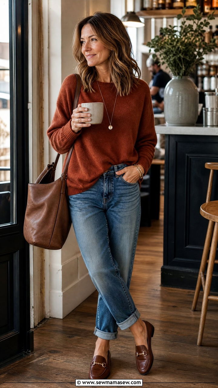 Cashmere Sweater With Boyfriend Jeans and Loafers Outfit - 25 Fashion over 40 outfit ideas