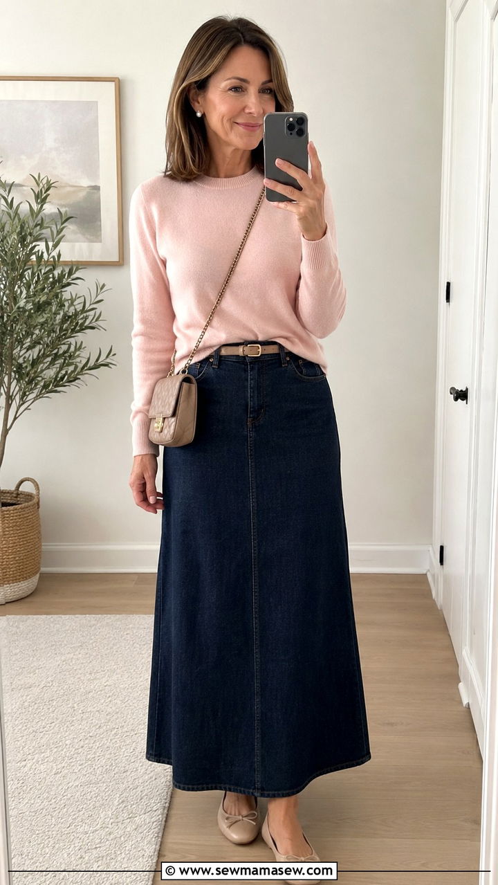Cashmere Sweater With Denim Maxi Skirt and Ballet Flats - 20 denim maxi skirt outfits for women over 40