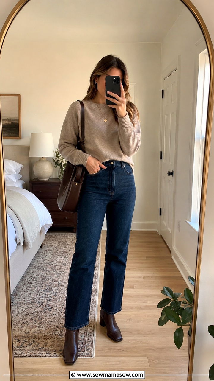 Cashmere Sweater With High Waisted Jeans and Ankle Boots - 30 High waisted jeans outfit ideas with a sweater