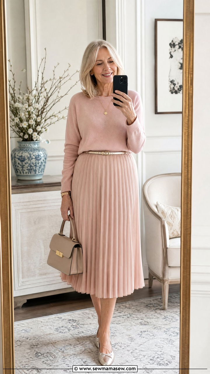 Cashmere Sweater With Midi Skirt And Ballet Flats - 35 Going out outfit ideas women over 50