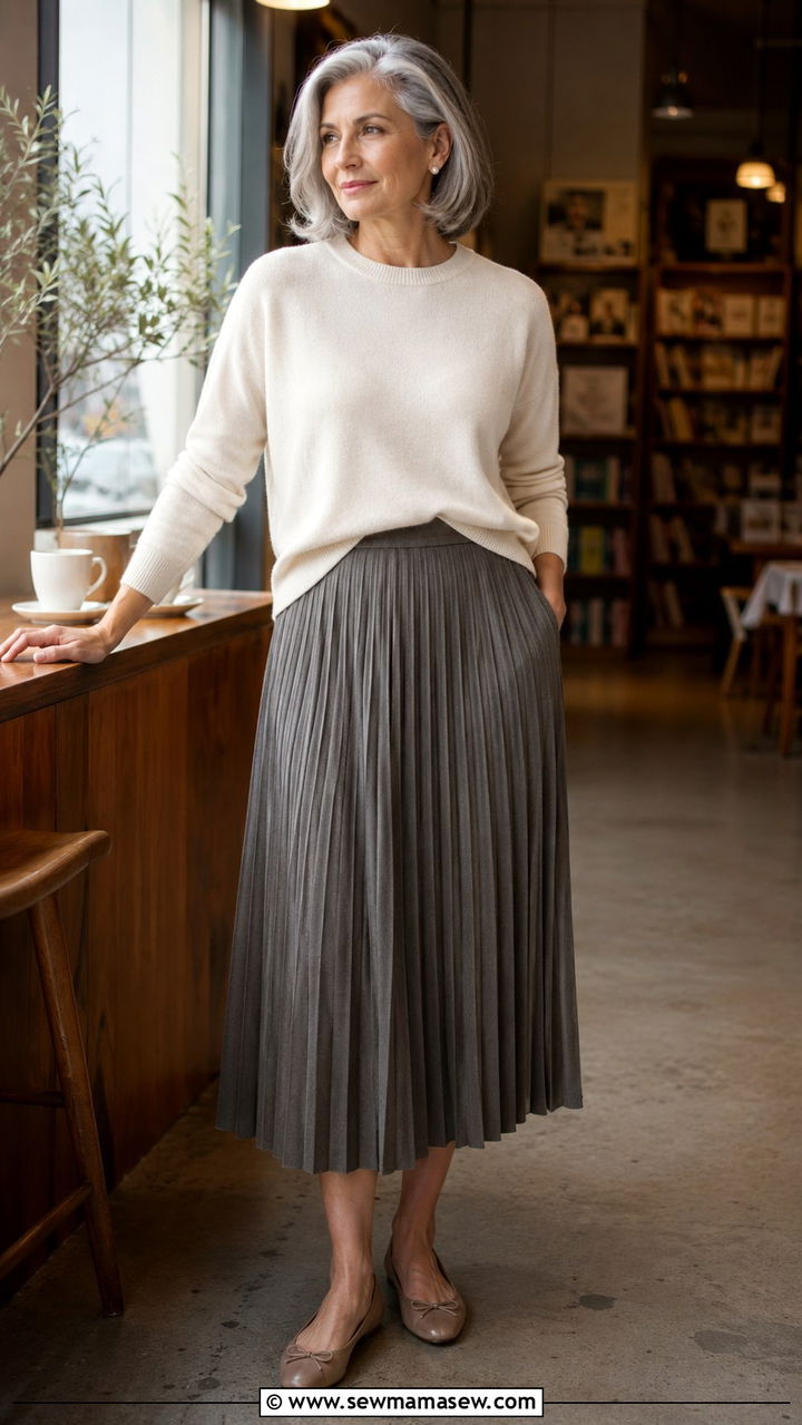 Cashmere Sweater With Pleated Midi Skirt - 30 Minimalist outfits for women over 50
