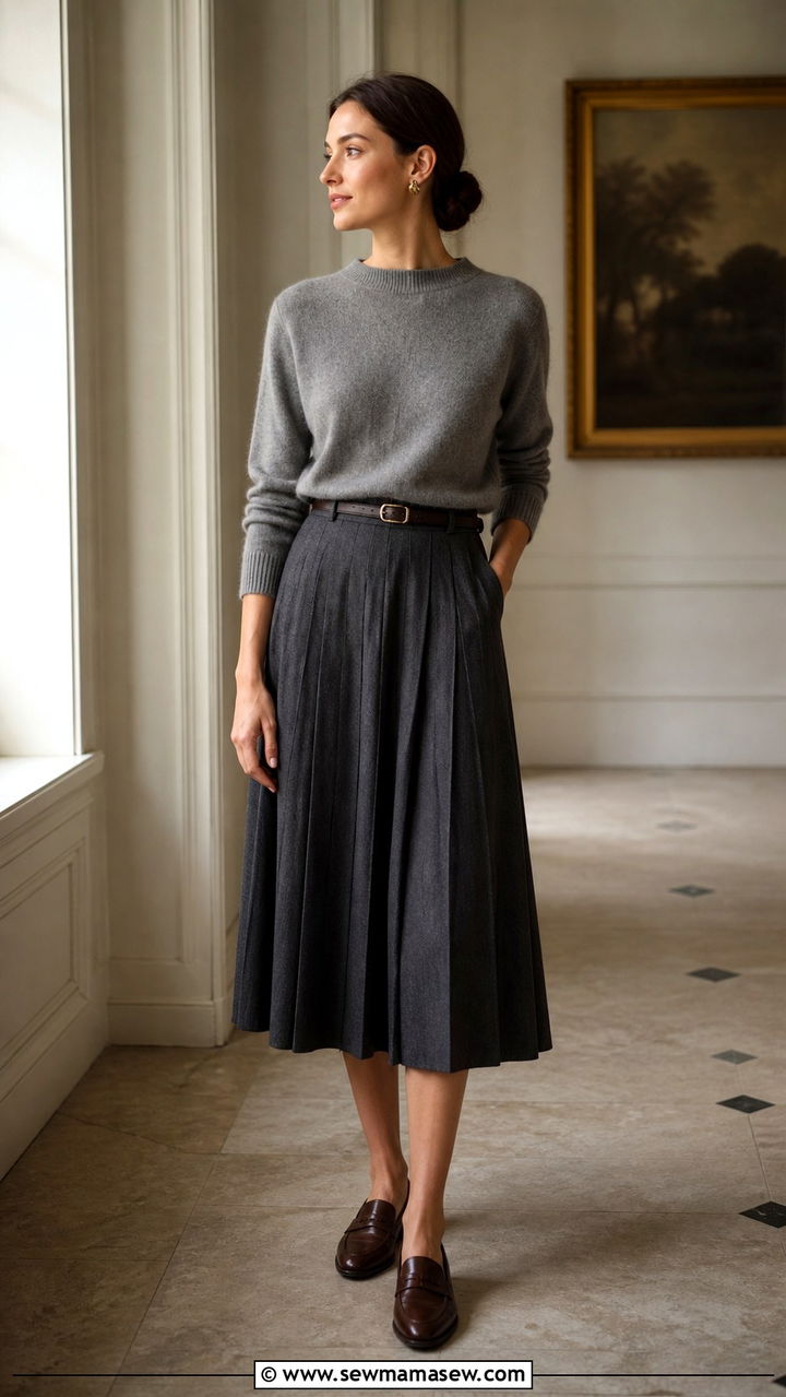Cashmere Sweater With Pleated Midi Skirt And Loafers - 40 old money outfits