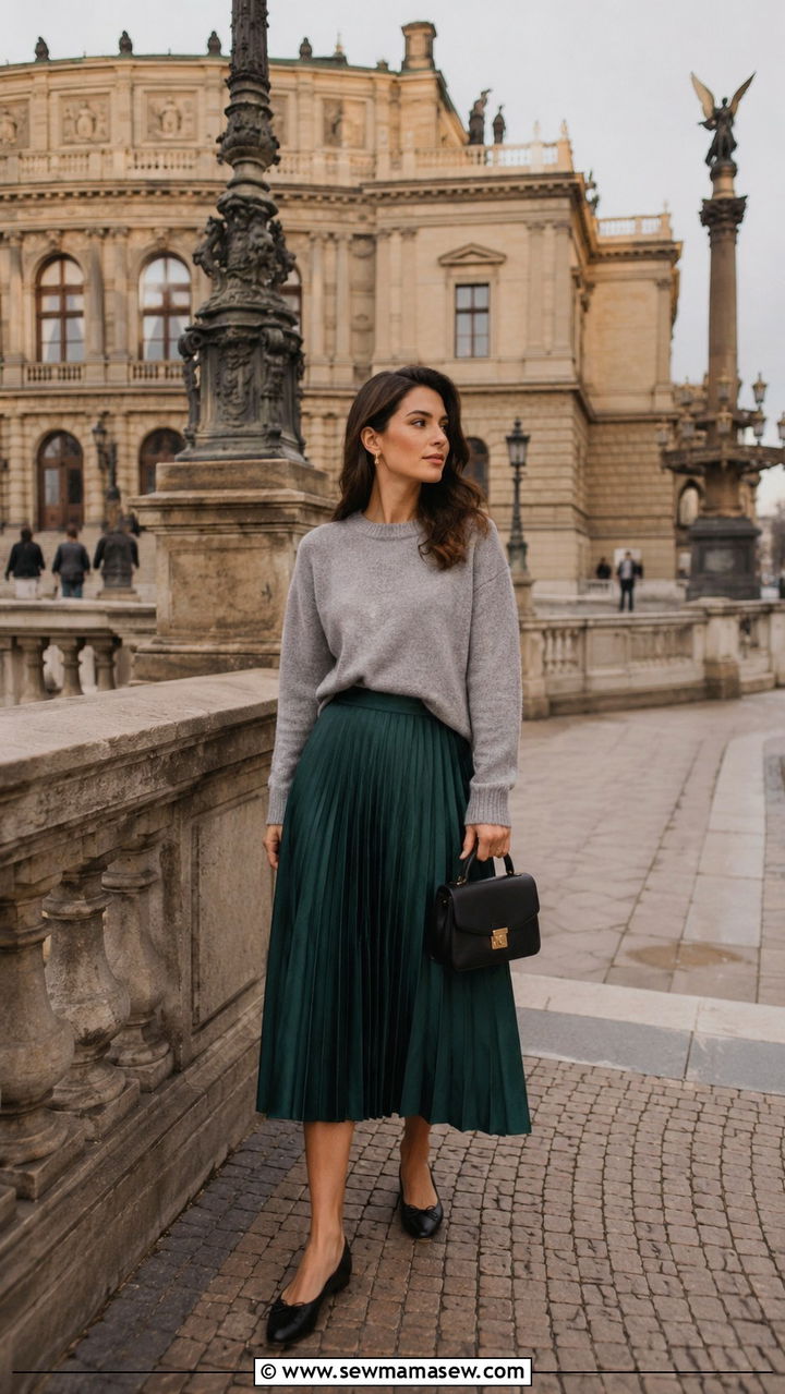 Cashmere Sweater With Pleated Midi Skirt and Ballet Flats Outfit - 25 Prague outfit ideas