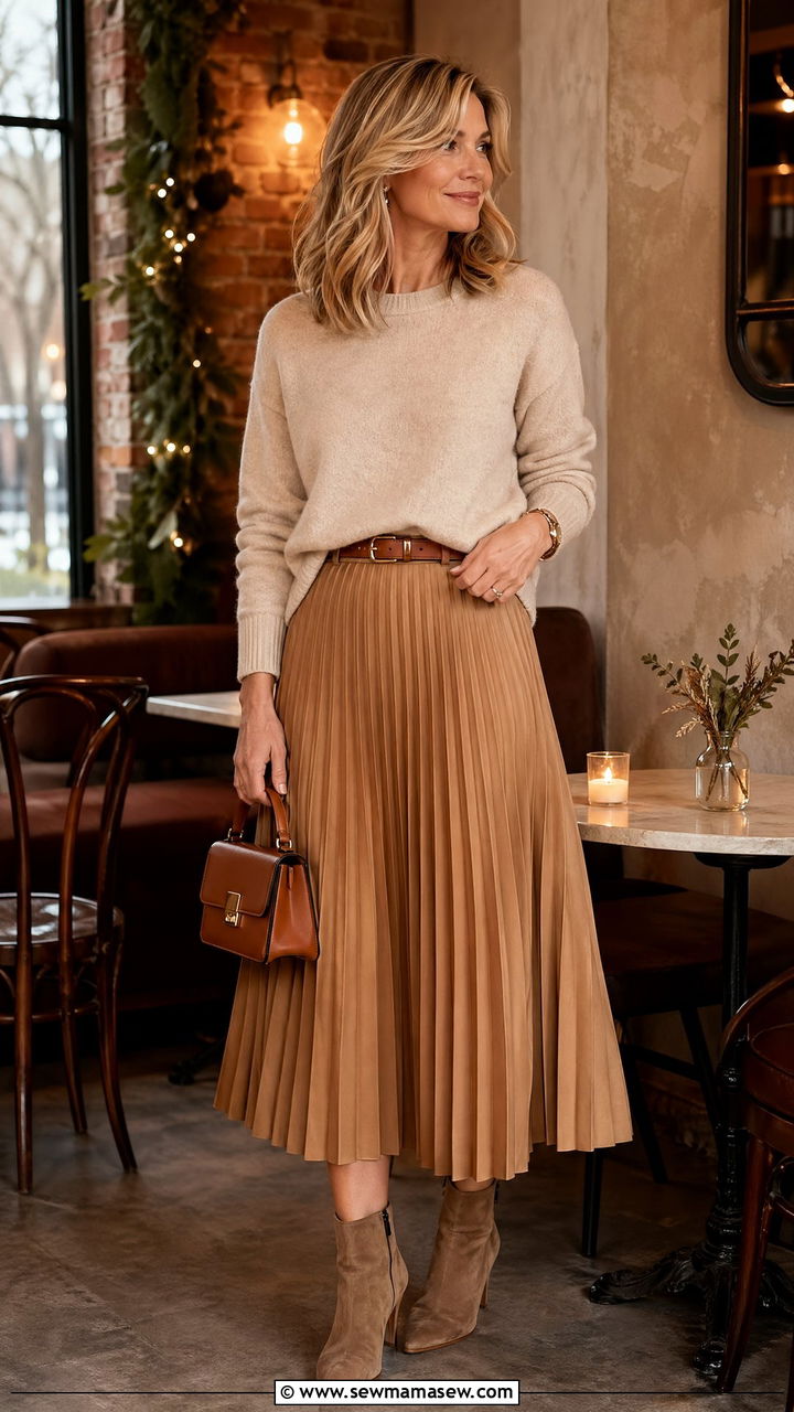 Cashmere Sweater With Pleated Midi Skirt - 35 dinner outfits for women over 40