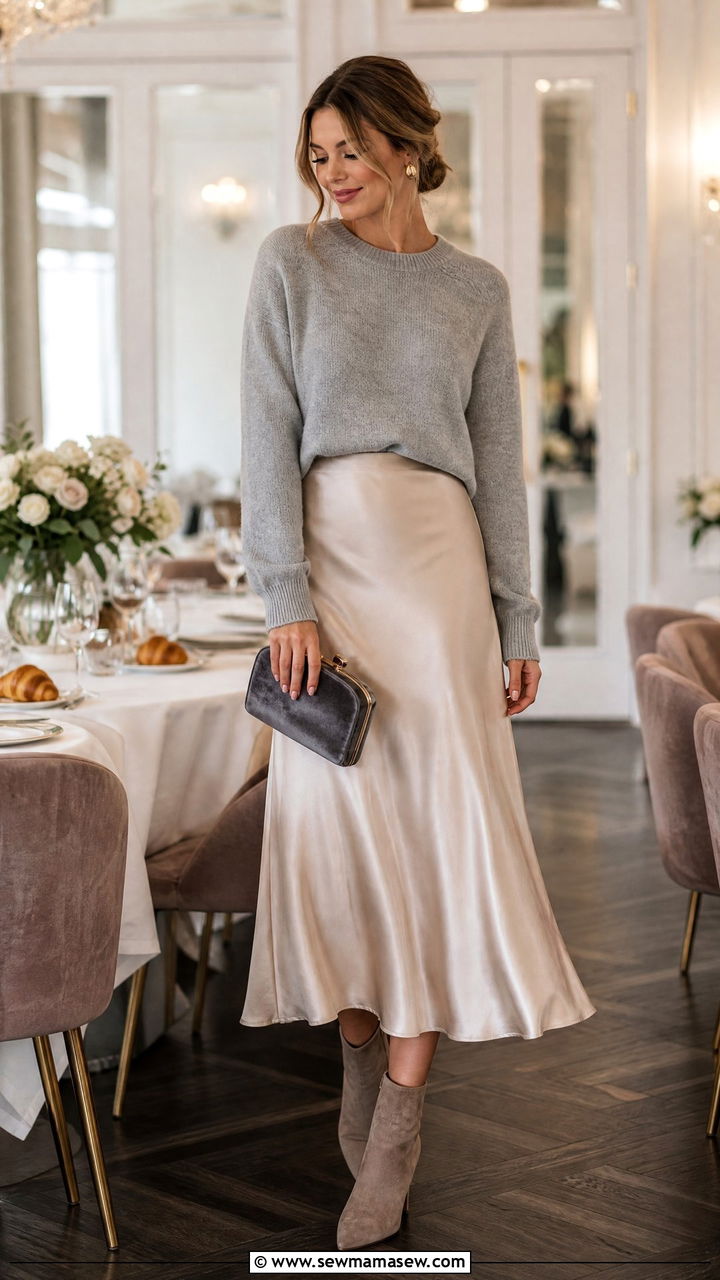 Cashmere Sweater With Satin Midi Skirt - 25 Brunch outfit ideas early morning
