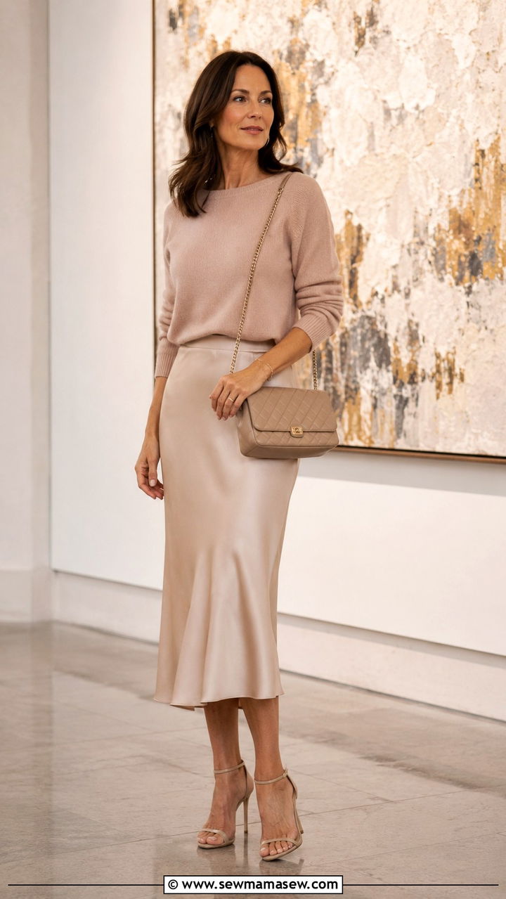 Cashmere Sweater With Satin Midi Skirt - 30 romantic outfit ideas for women over 40