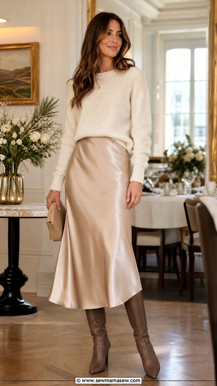 Cashmere Sweater With Satin Midi Skirt And Knee High Boots - 35 Hygge outfit ideas