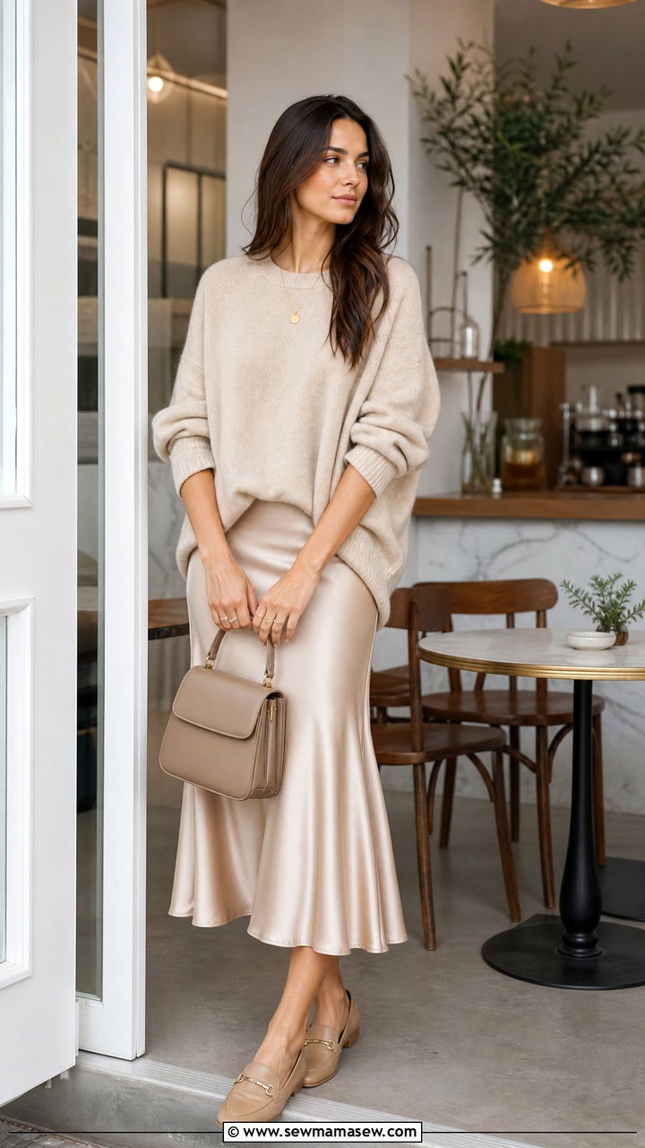 Cashmere Sweater With Satin Midi Skirt And Minimalist Loafers - 30 clean girl outfits ideas