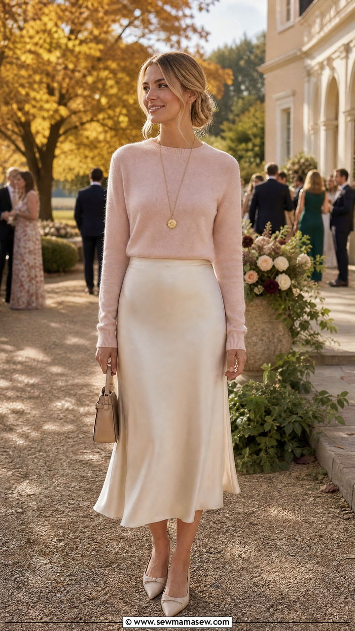 Cashmere Sweater With Satin Midi Skirt And Pointed Flats - 25 Wedding guest outfit ideas with kids in tow