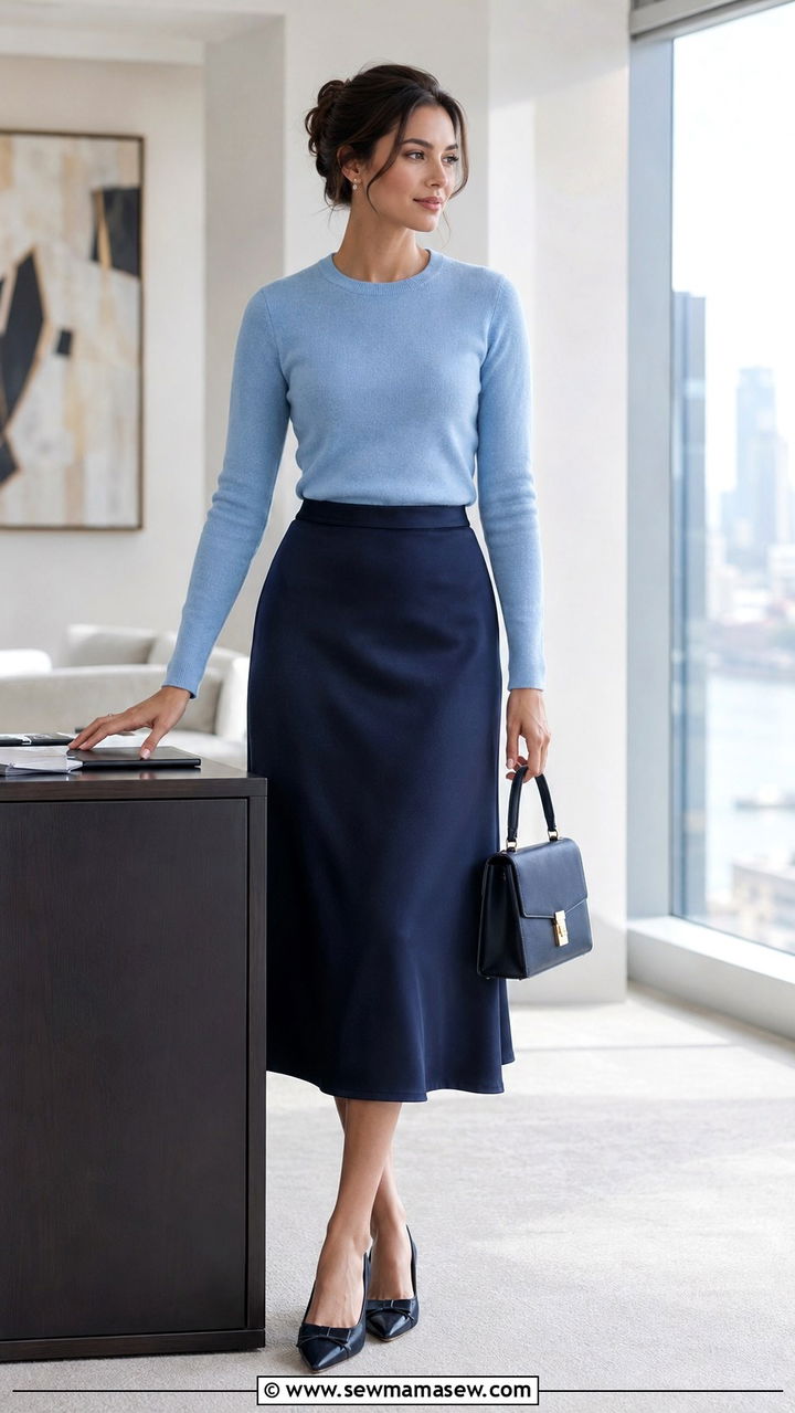 Cashmere Sweater With Satin Midi Skirt Office Look - 30 Satin midi skirt outfit ideas for work