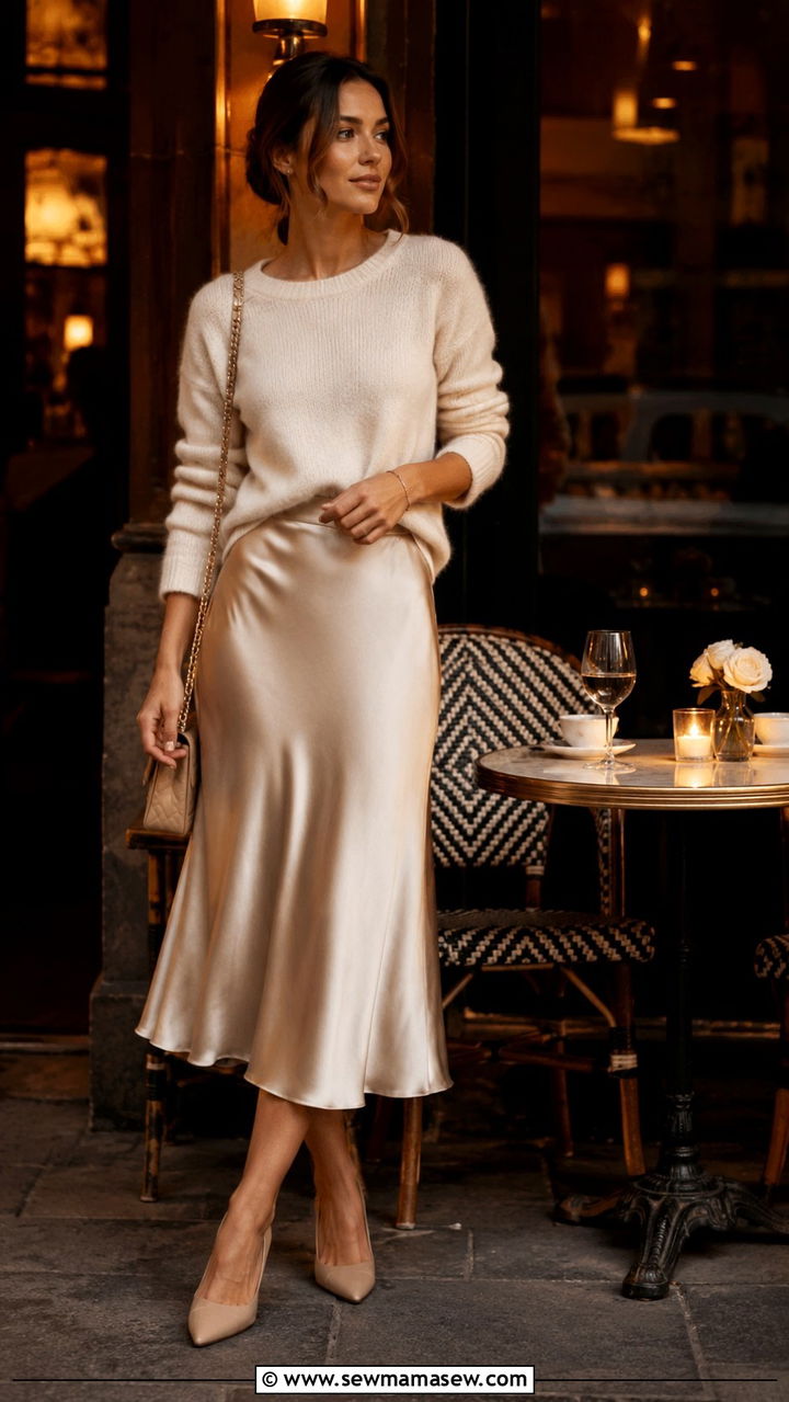 Cashmere Sweater With Satin Slip Skirt - 30 classy parisian outfit ideas