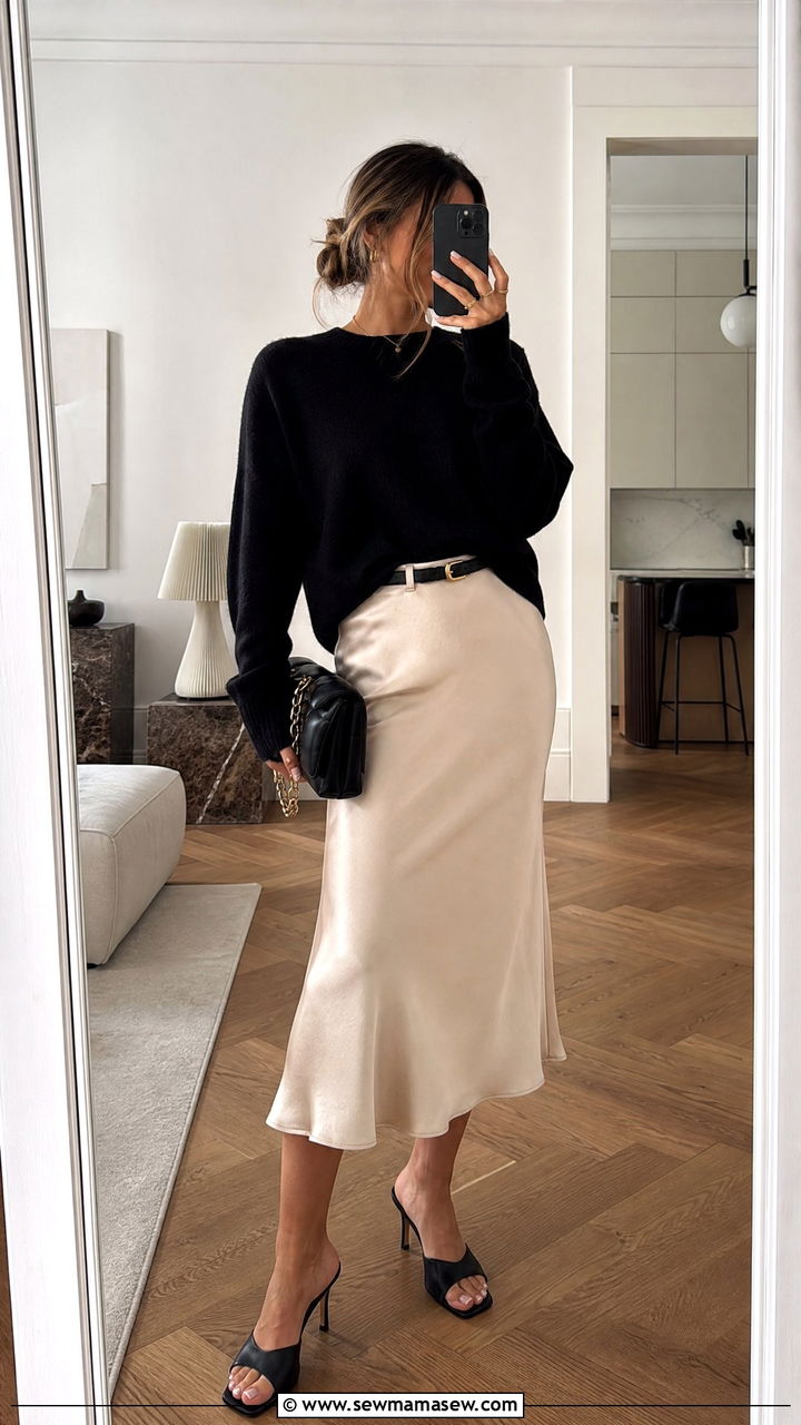 Cashmere Sweater With Satin Slip Skirt and Heeled Mules Messy Bun - 25 French girl outfit ideas with messy bun