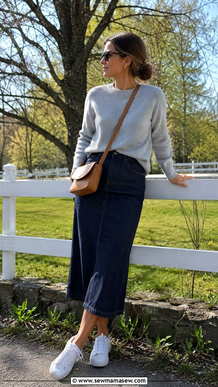 Cashmere Sweater and Denim Midi Skirt - 25 Old money outfit ideas with cashmere