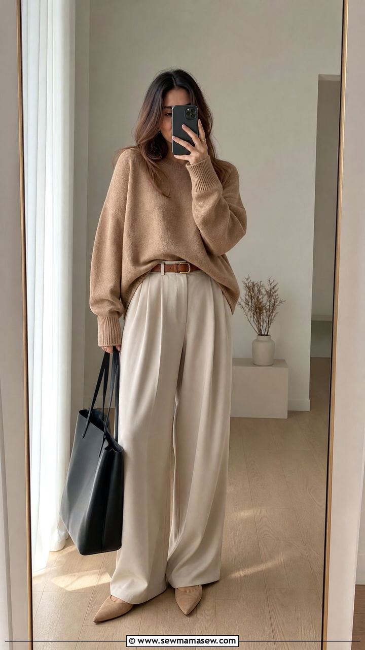 Cashmere Sweater and Flowy Trousers Outfit - 30 elegant outfits ideas
