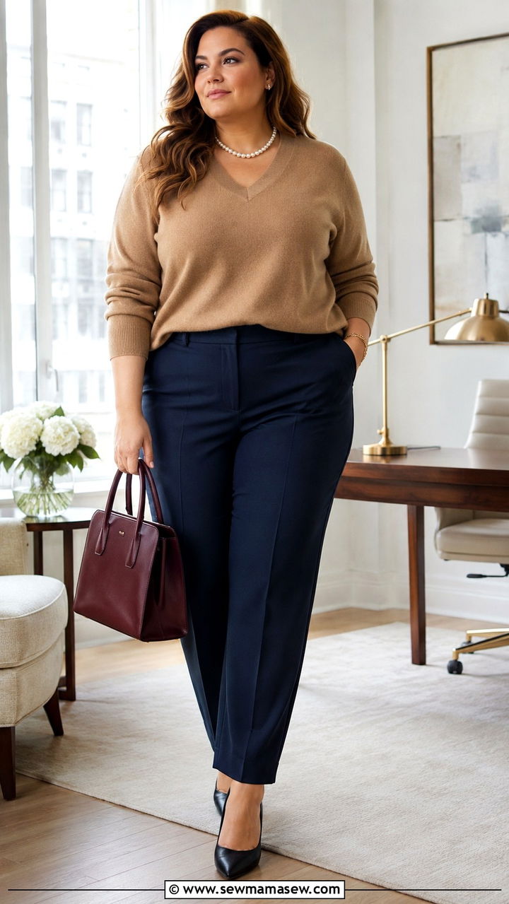 Cashmere Sweater and Navy Dress Pants With Pearls - 30 Old money outfit ideas plus size
