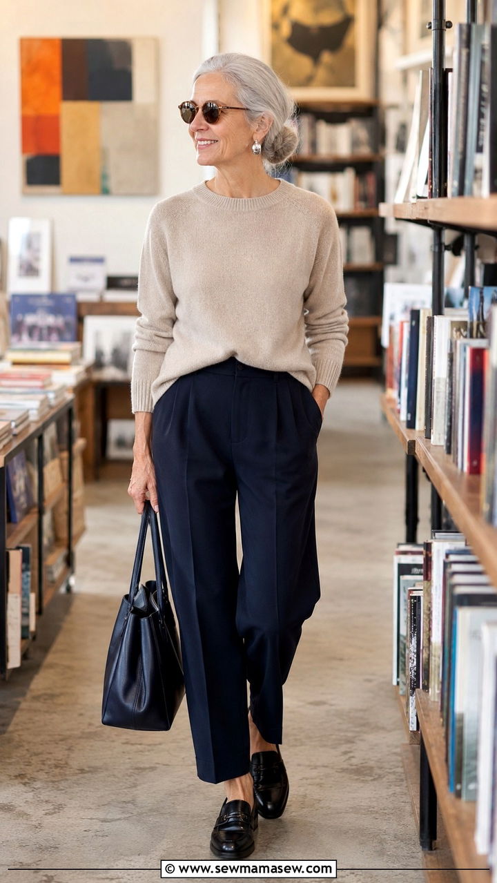 Cashmere Sweater and Navy Trousers Outfit - 30 Parisian outfits for women over 60