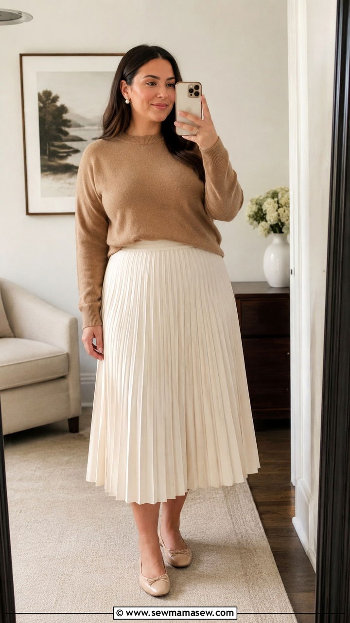 Cashmere Sweater and Pleated Midi Skirt Outfit - 30 Old money outfits for curvy women