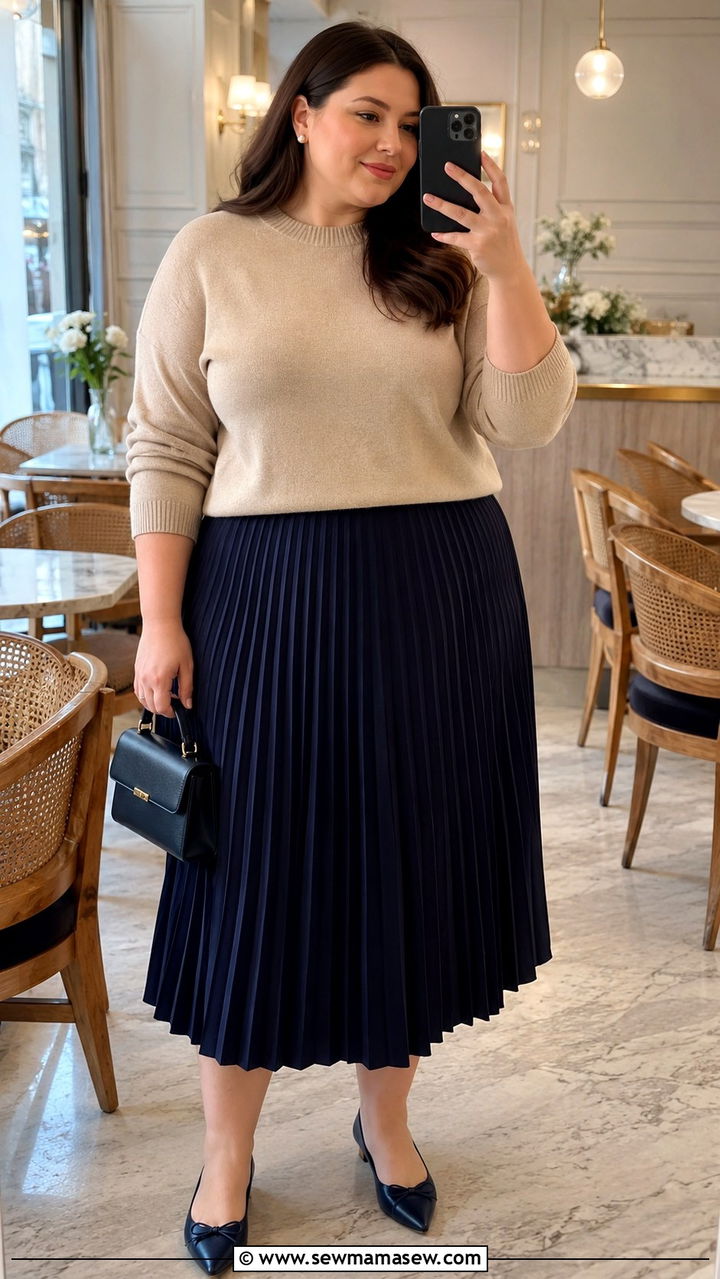 Cashmere Sweater and Pleated Midi Skirt Plus Size Look - 30 Old money outfit ideas plus size