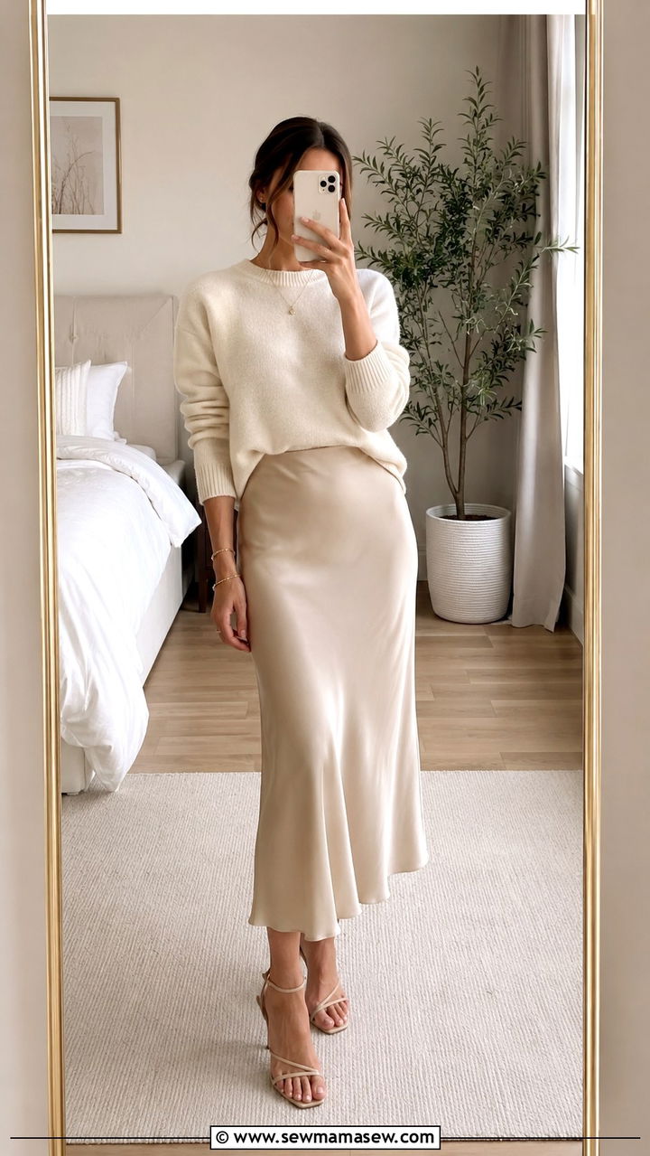 Cashmere Sweater and Satin Bias Cut Skirt - 30 Petite aesthetic outfit ideas