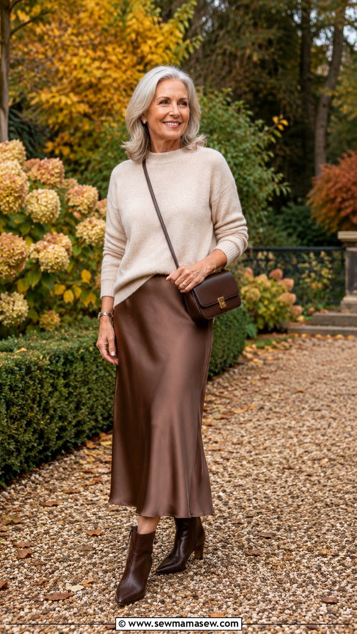 Cashmere Sweater and Silk Slip Skirt Outfit - 30 Parisian outfits for women over 60