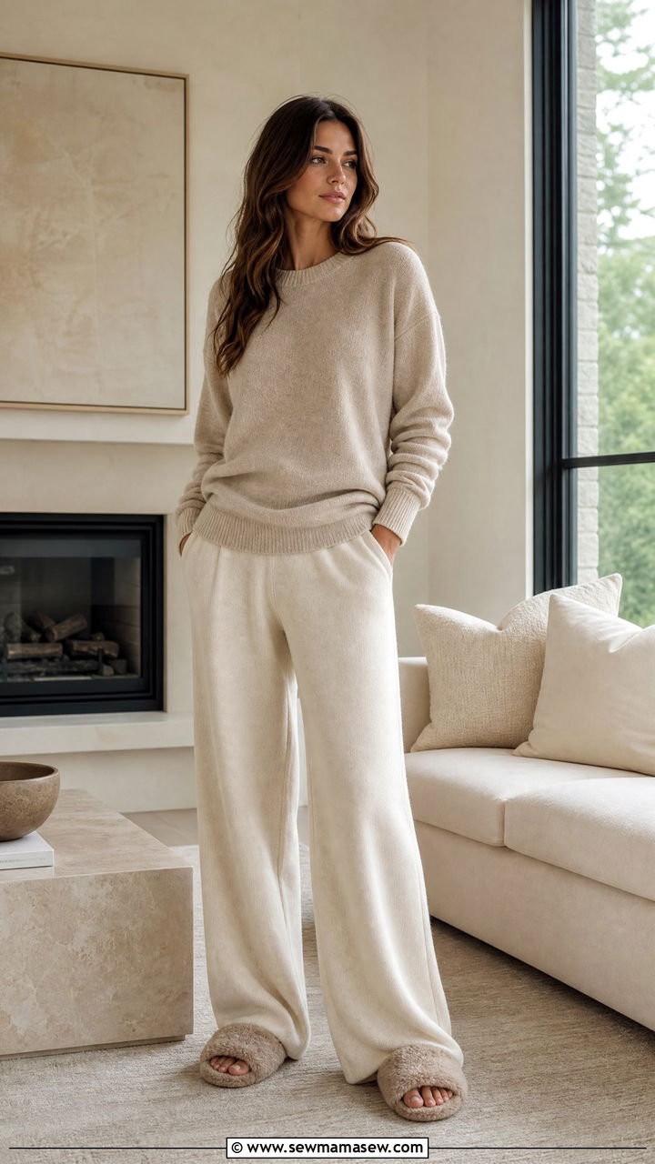 Cashmere Sweater and Wide Leg Pants with Fuzzy Slippers - 30 Fuzzy slippers outfit ideas