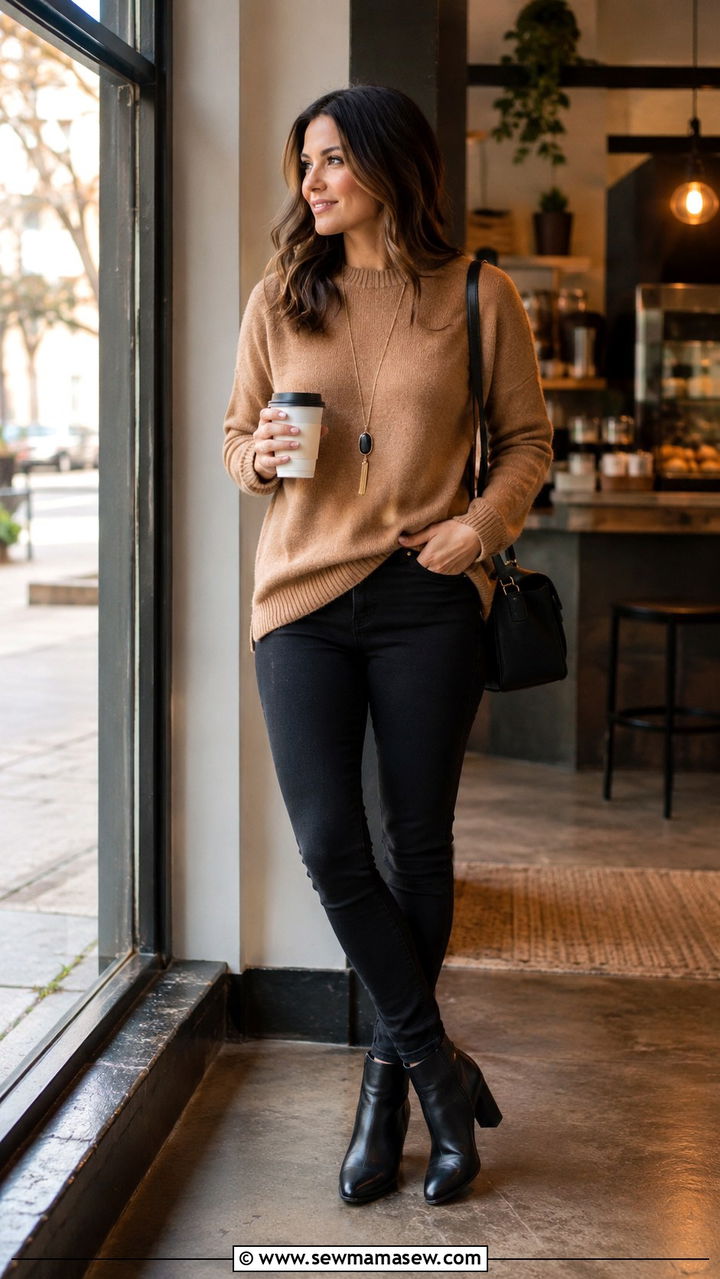 Cashmere Sweater with Black Jeans and Ankle Boots - 30 classy outfits for moms