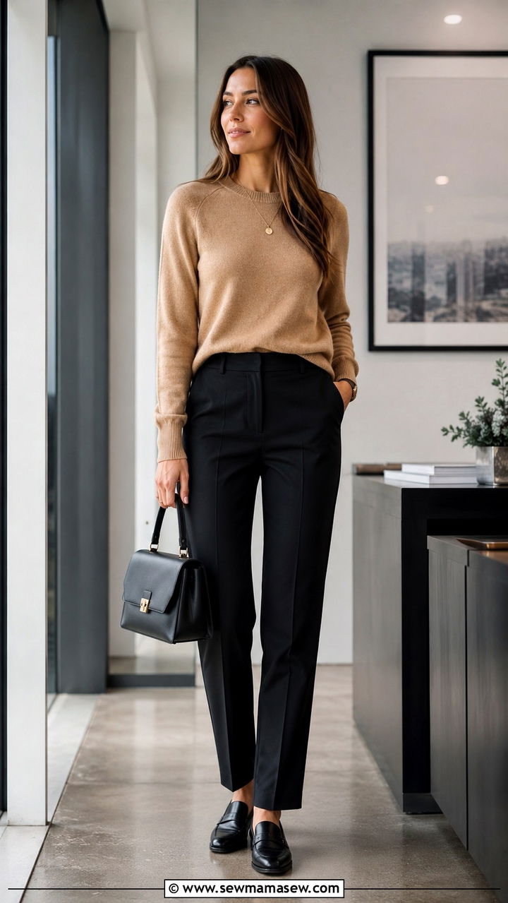 Cashmere Sweater with Black Tailored Pant - 30 Office outfits for millennials