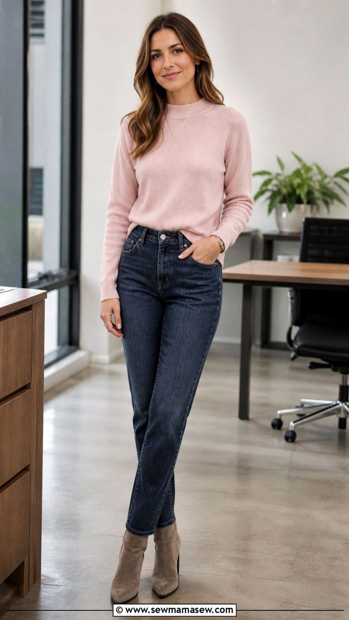 Cashmere Sweater with Dark Denim and Suede Ankle Boots - 40 Business casual outfit ideas for women