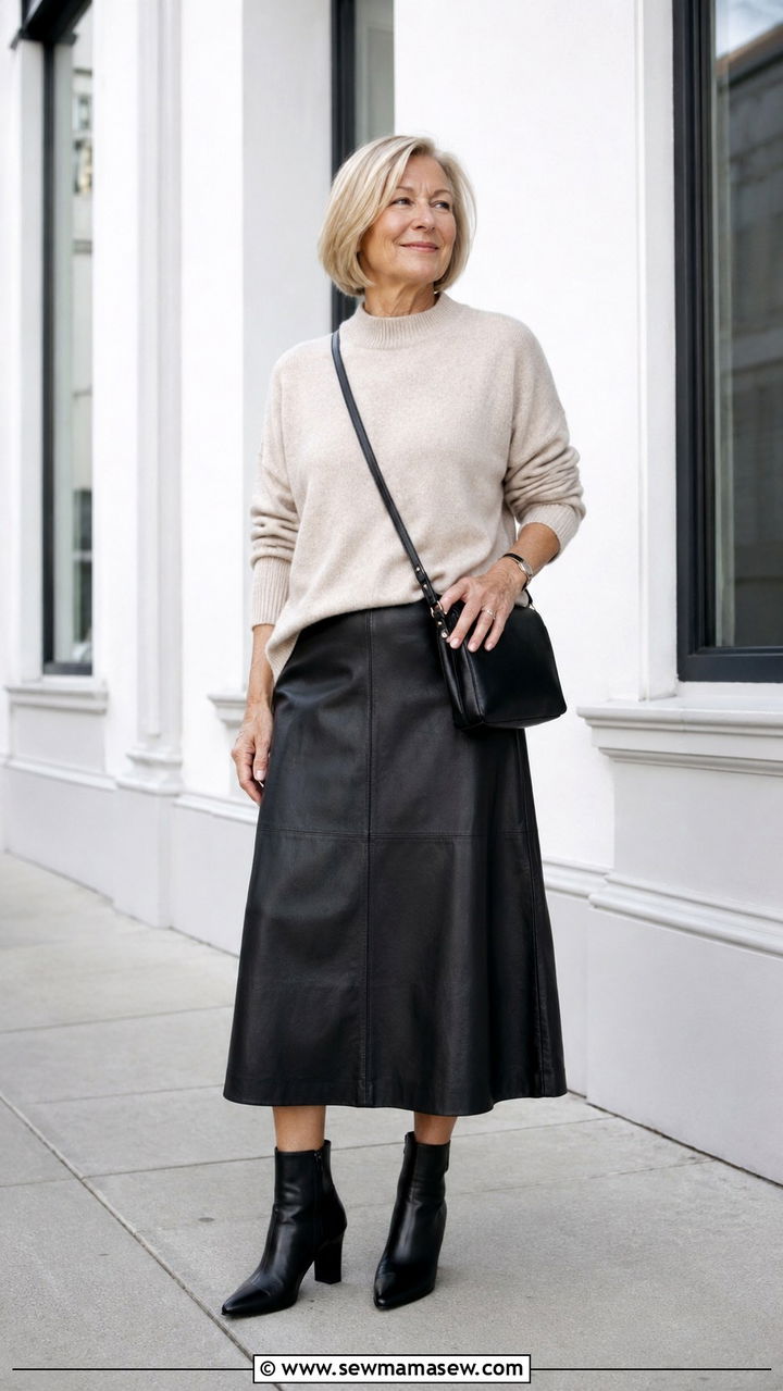 Cashmere Sweater with Leather Midi Skirt Over 50 - 30 Chic outfit ideas for women over 50