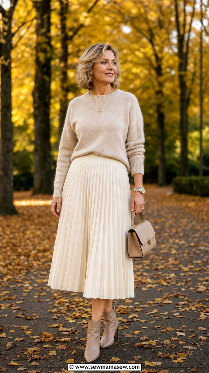 Cashmere Sweater with Pleated Midi Skirt - 35 Brunch outfits for women over 40