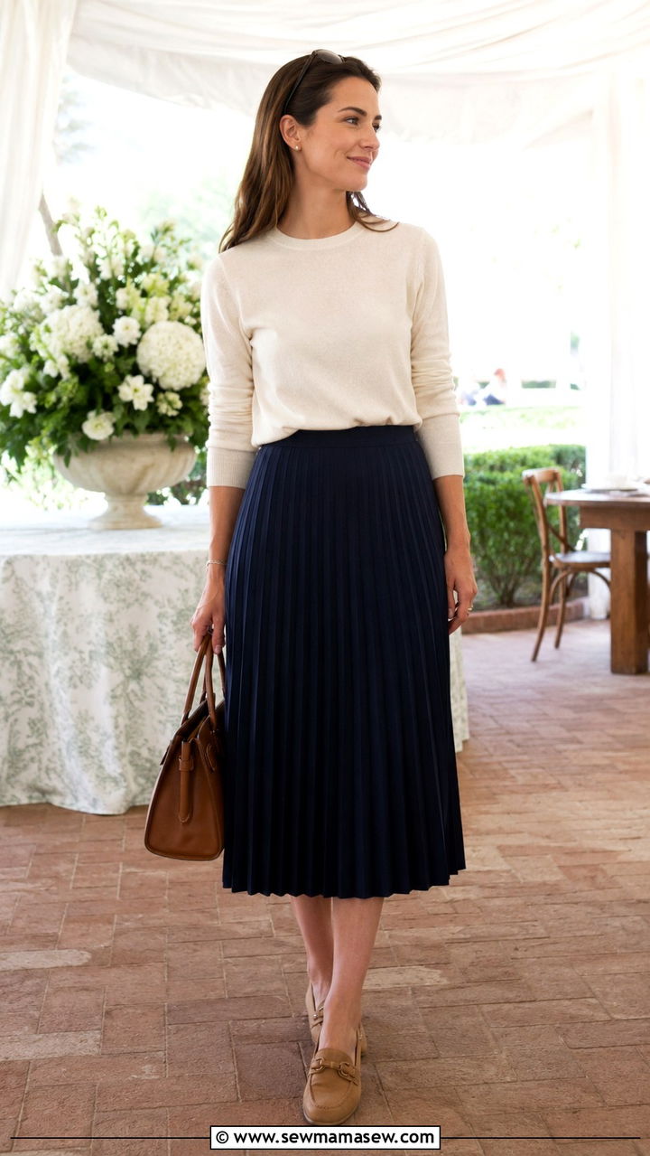 Cashmere Sweater with Pleated Midi Skirt - 25 Old money outfit ideas with driving loafers