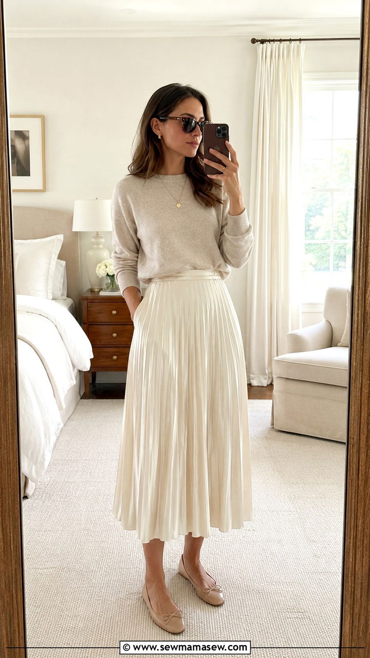 Cashmere Sweater with Pleated Midi Skirt and Ballet Flats - 30 old money outfits inspo